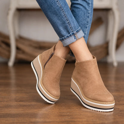 Women's Smooth Side-Zip Wedge Ankle Boots in light brown, Stable Height