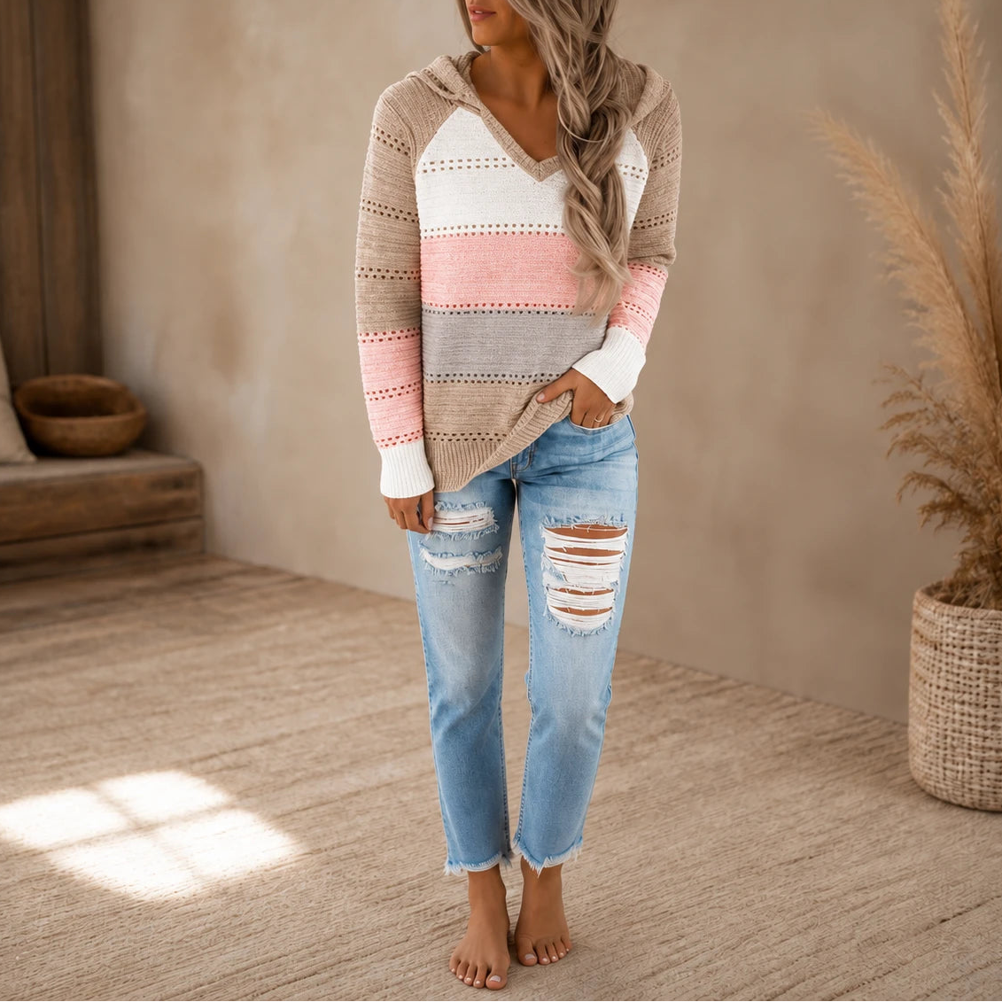Women's Striped Hollow-Knit Hoodie in brown, Relaxed Fit Open-Knit Layer