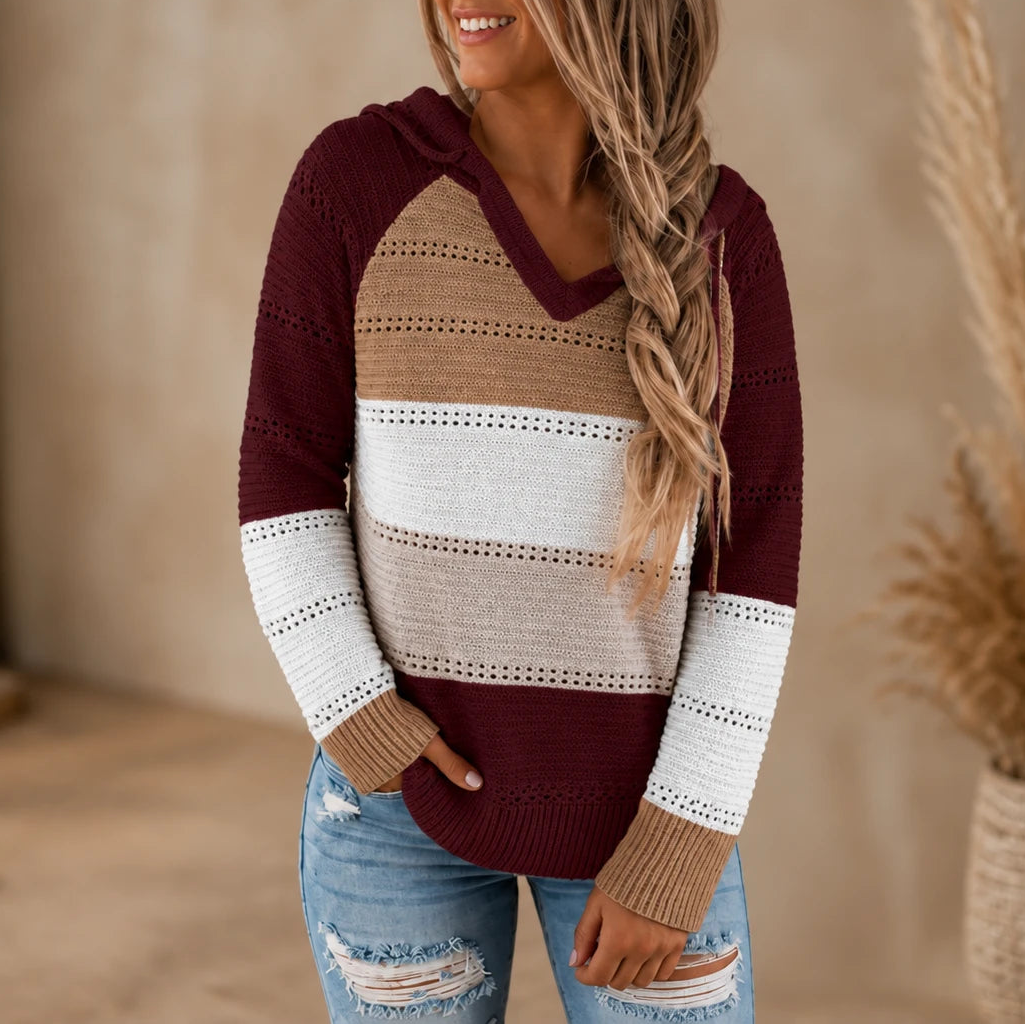 Women's Striped Hollow-Knit Hoodie in burgundy, Relaxed Fit Open-Knit Layer