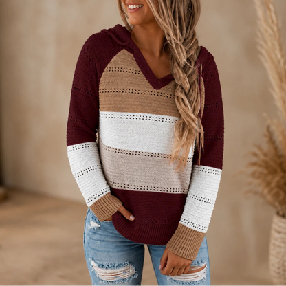 Women's Striped Hollow-Knit Hoodie in burgundy, Relaxed Fit Open-Knit Layer