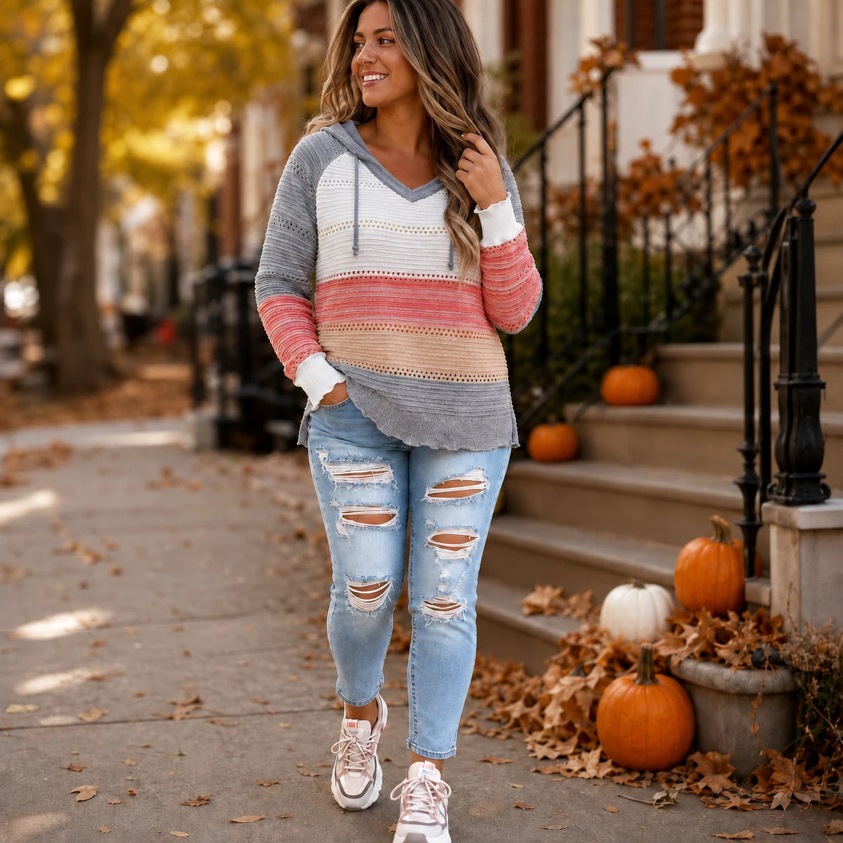 Women's Striped Hollow-Knit Hoodie - Relaxed Fit Open-Knit Layer