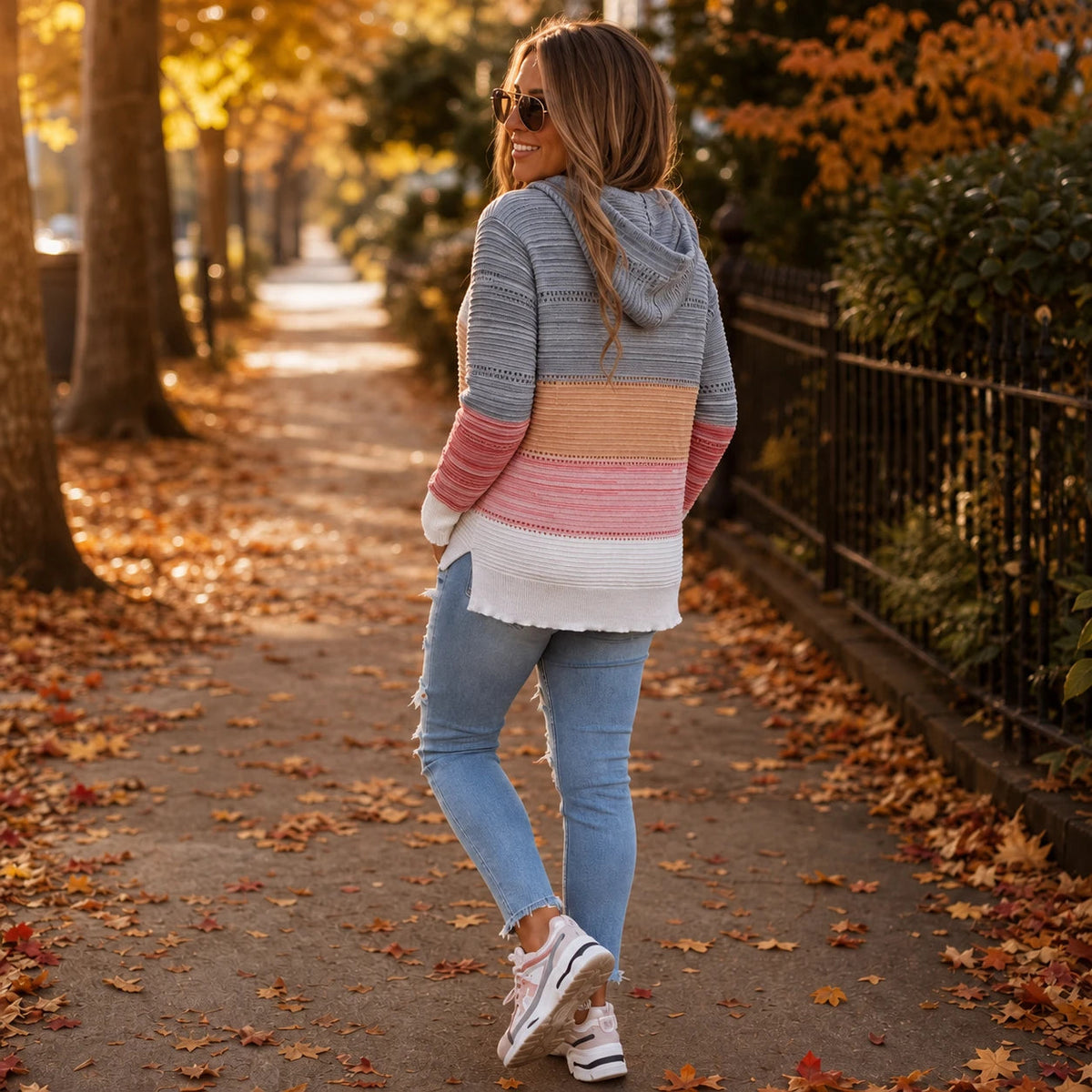 Women's Striped Hollow-Knit Hoodie - Relaxed Fit Open-Knit Layer