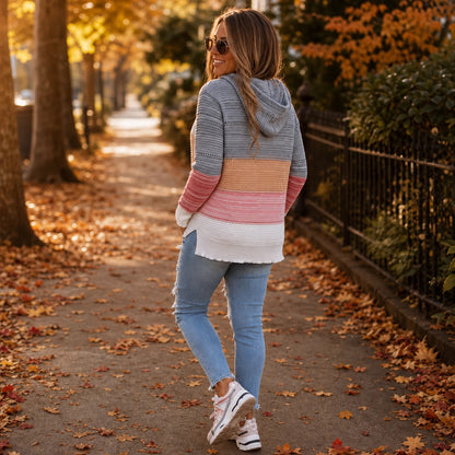 Women's Striped Hollow-Knit Hoodie - Relaxed Fit Open-Knit Layer