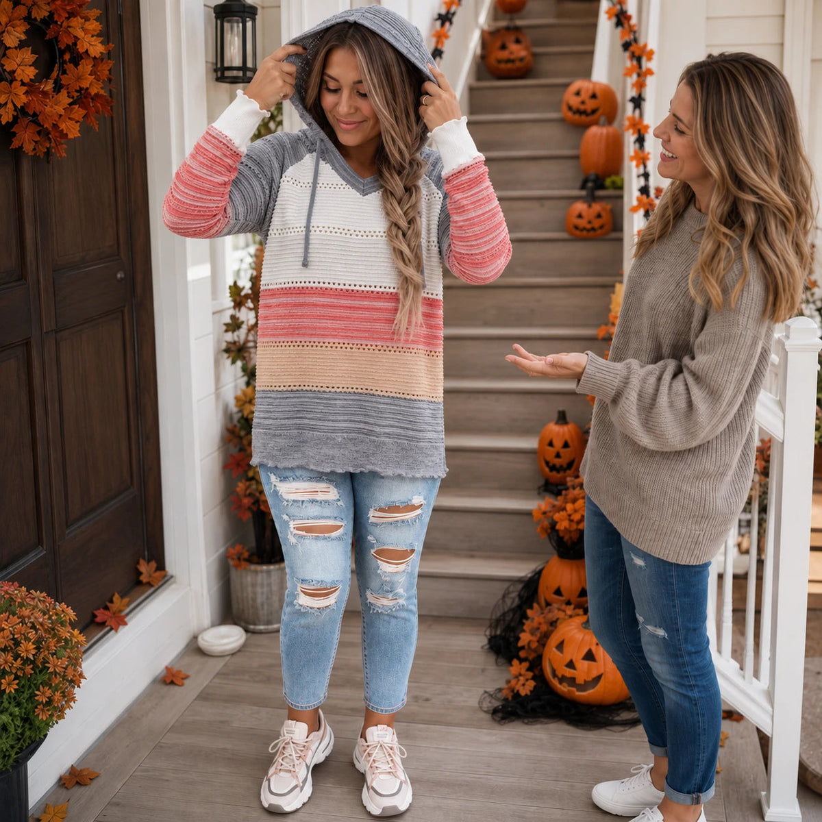 Women's Striped Hollow-Knit Hoodie - Relaxed Fit Open-Knit Layer