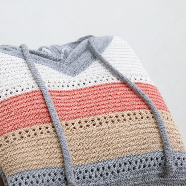 Women's Striped Hollow-Knit Hoodie - Relaxed Fit Open-Knit Layer