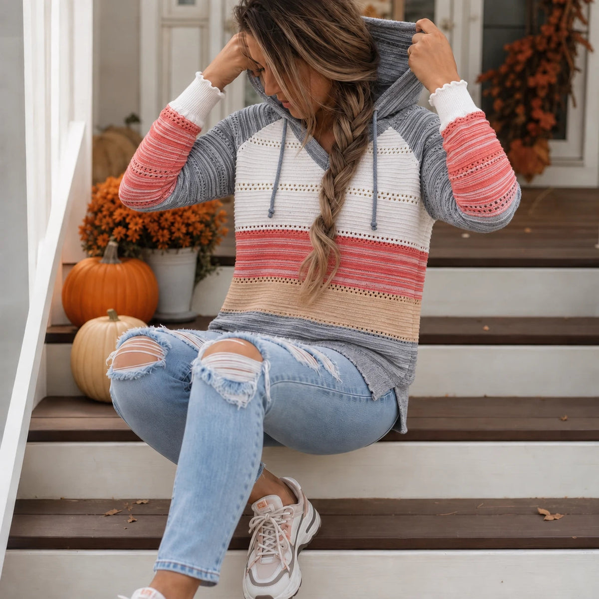 Women's Striped Hollow-Knit Hoodie - Relaxed Fit Open-Knit Layer