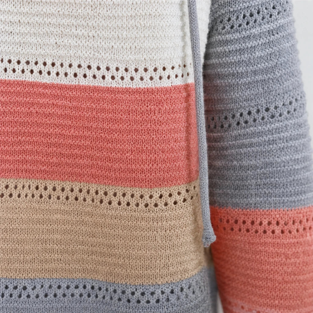 Women's Striped Hollow-Knit Hoodie - Relaxed Fit Open-Knit Layer