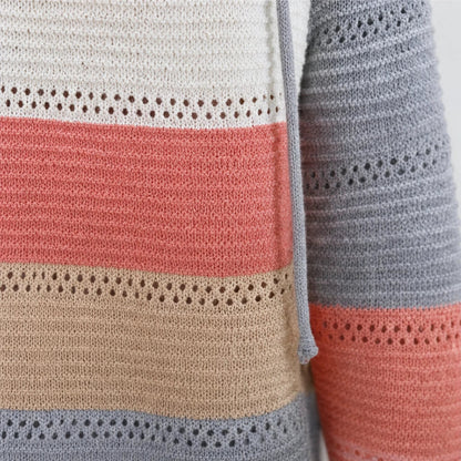 Women's Striped Hollow-Knit Hoodie - Relaxed Fit Open-Knit Layer