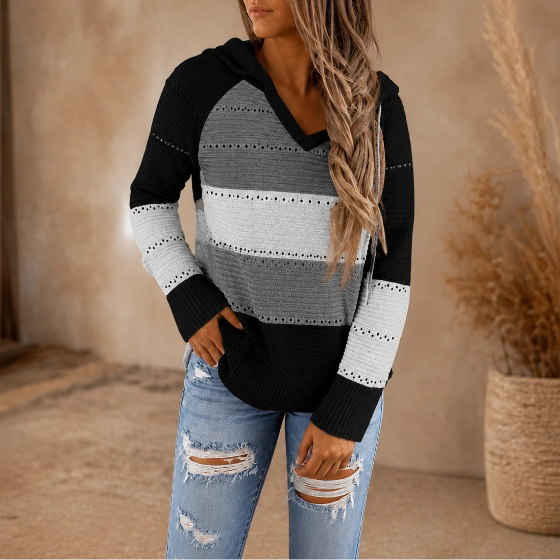 Women's Striped Hollow-Knit Hoodie in grey, Relaxed Fit Open-Knit Layer