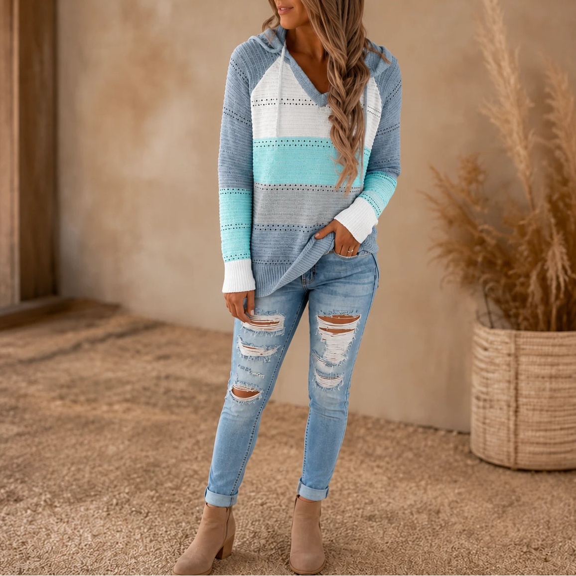 Women's Striped Hollow-Knit Hoodie in sky blue, Relaxed Fit Open-Knit Layer