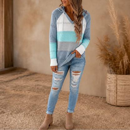 Women's Striped Hollow-Knit Hoodie in sky blue, Relaxed Fit Open-Knit Layer