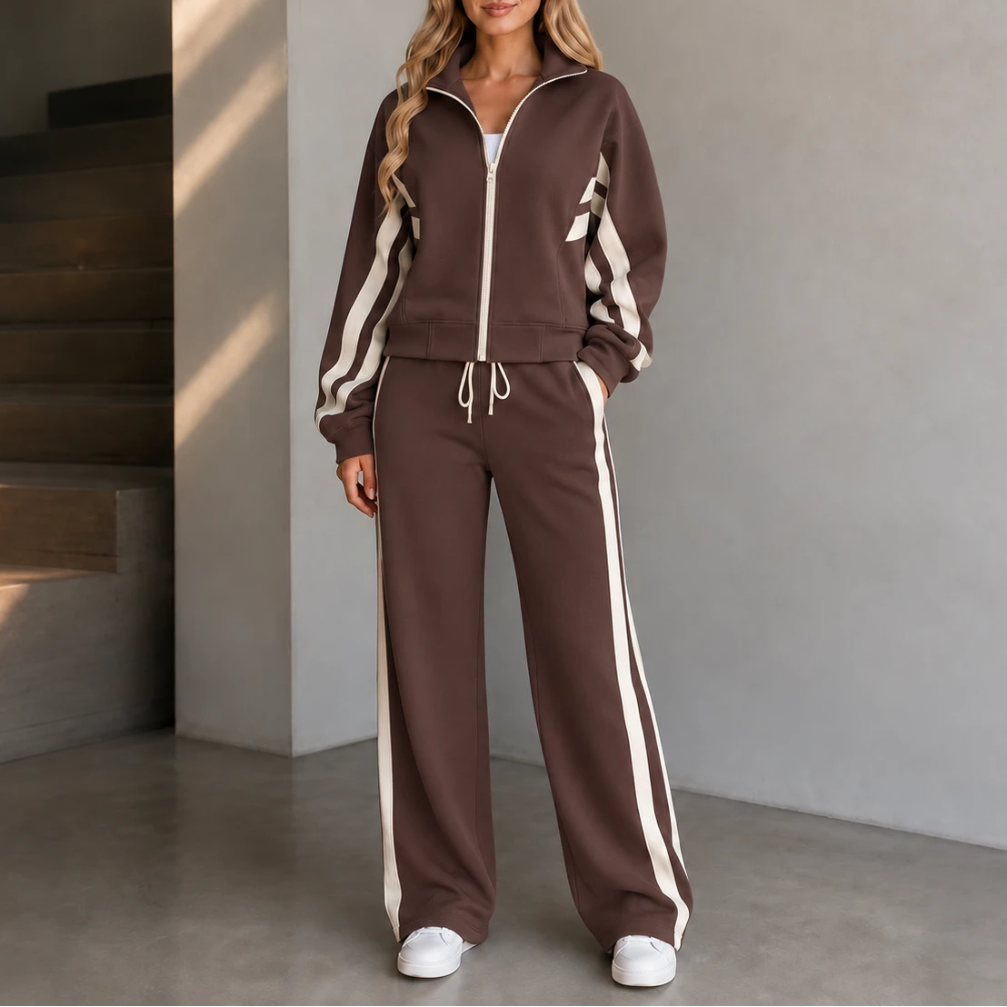 Women's Striped Lounge Set in brown, Coordinated Two-Piece
