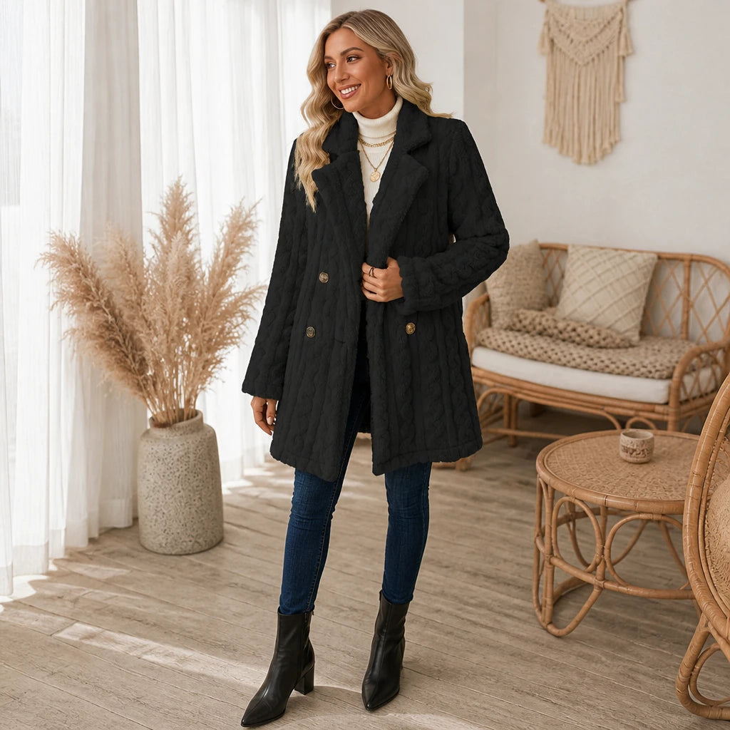 Women's Textured Double-Breasted Winter Coat in black, Mid-Length