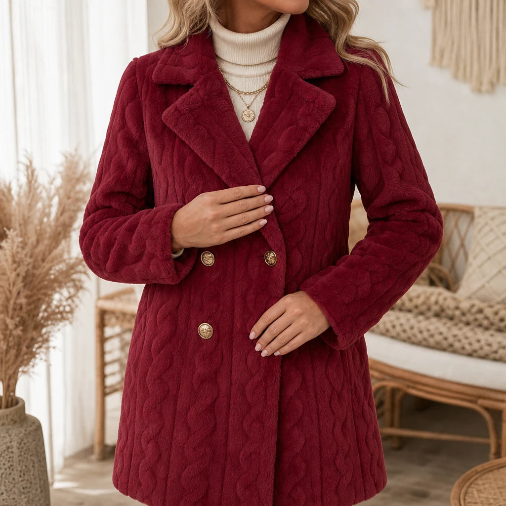 Women's Textured Double-Breasted Winter Coat - Mid-Length