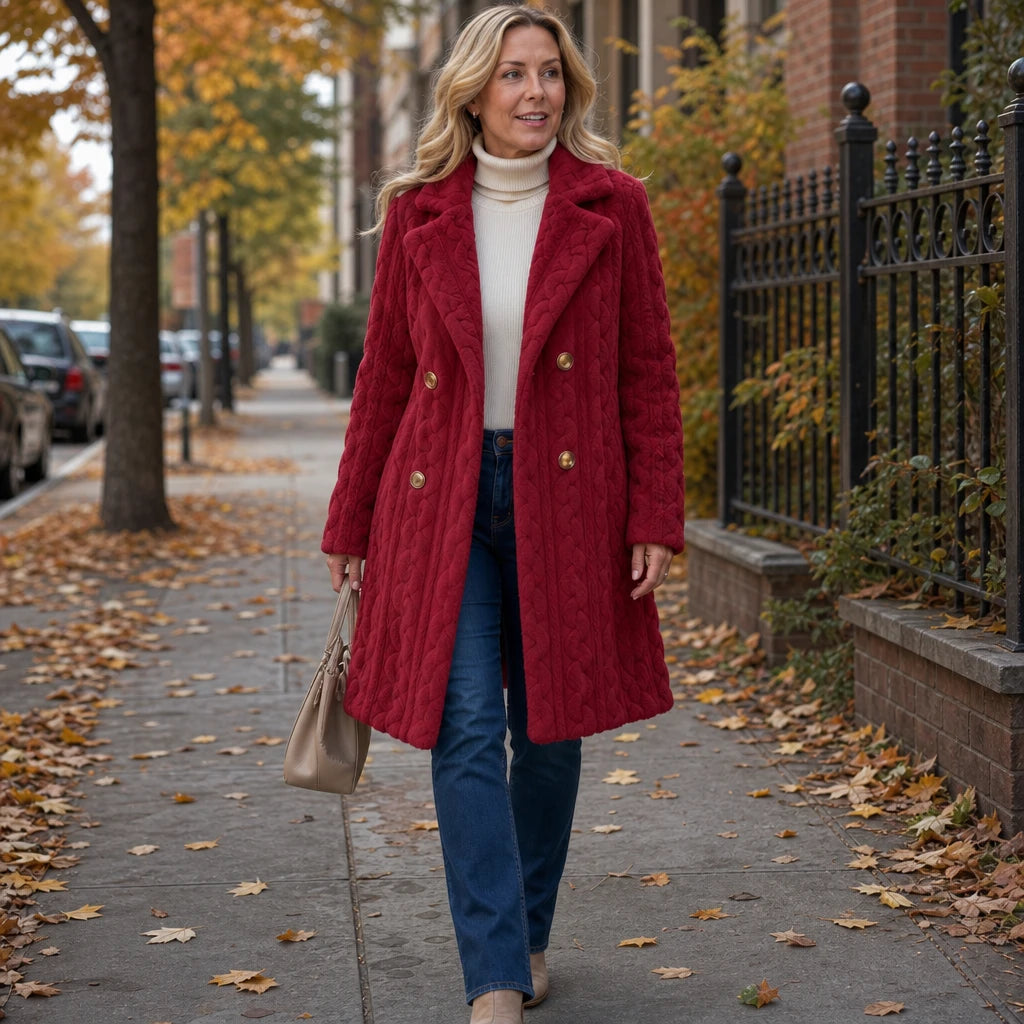 Women's Textured Double-Breasted Winter Coat - Mid-Length