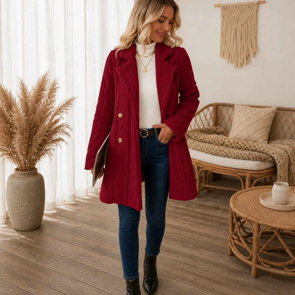 Women's Textured Double-Breasted Winter Coat in red, Mid-Length
