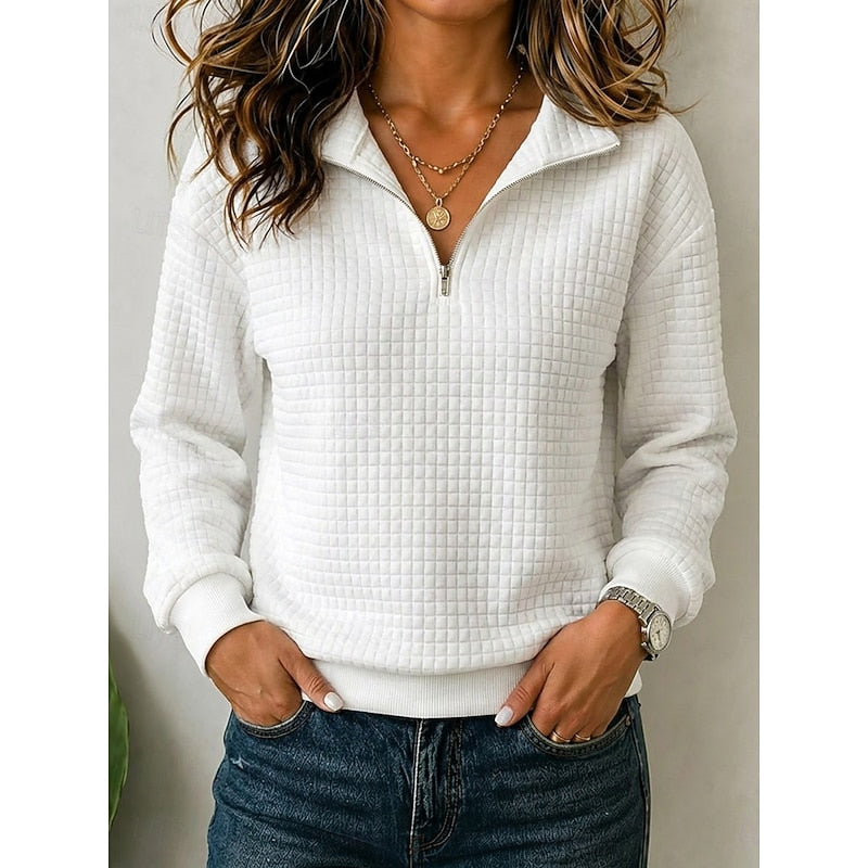 Women's Textured Quarter-Zip Pullover in white, Elegant Stand Collar