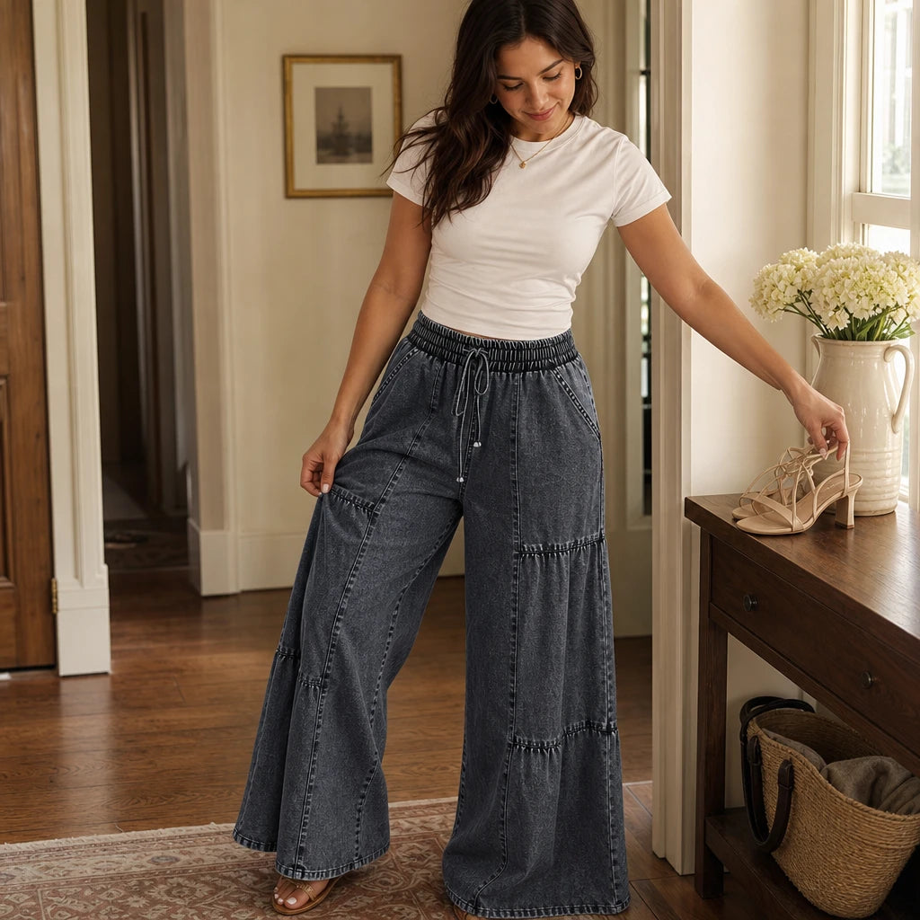 Women's Tiered Patchwork Wide-Leg Jeans - Floor-Length