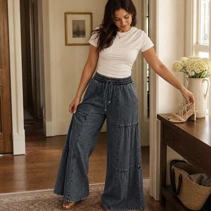 Women's Tiered Patchwork Wide-Leg Jeans - Floor-Length