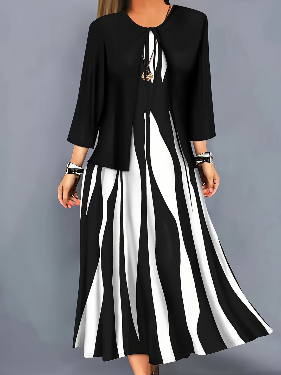 Women's Two-Piece Dress Set with Jacket - Elegant Flowing Design