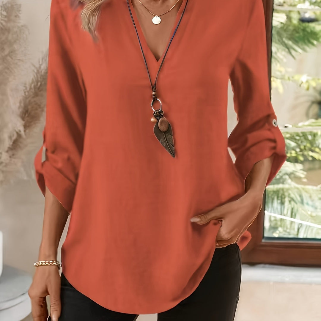 Women's V-Neck Blouse in brick red, Refined Relaxed Fit