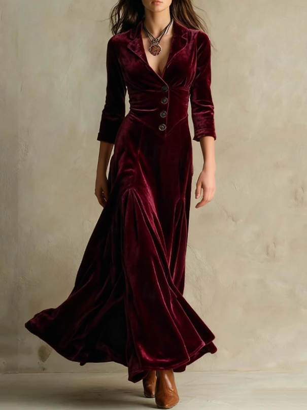 Women's V-Neck Maxi Dress in burgundy, Elegant Flowing Silhouette
