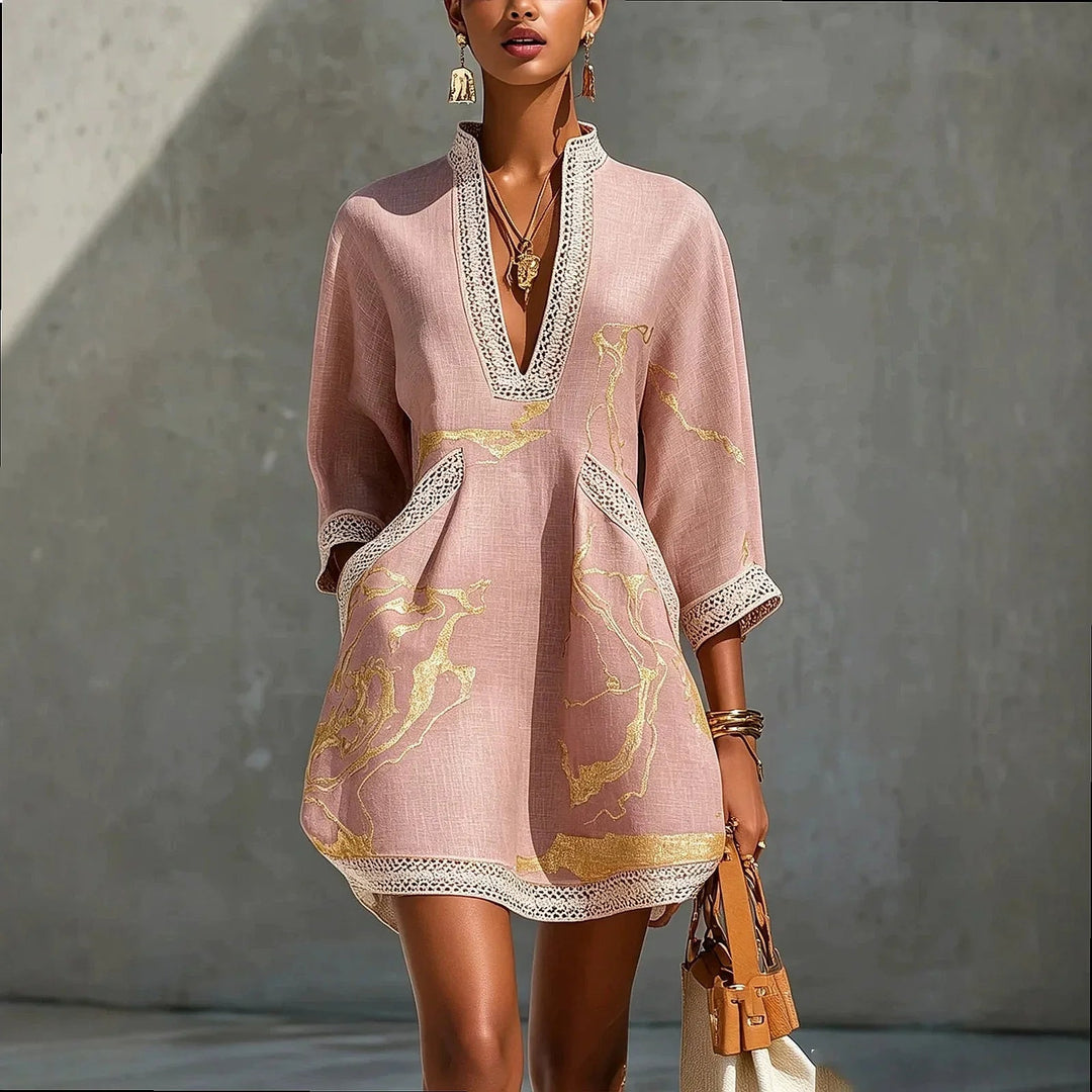 Women's V-Neck Mini Dress in pink, Artistic Print