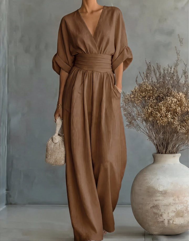 Women's V-Neck Wide-Leg Jumpsuit in brown, Elegant One-Piece