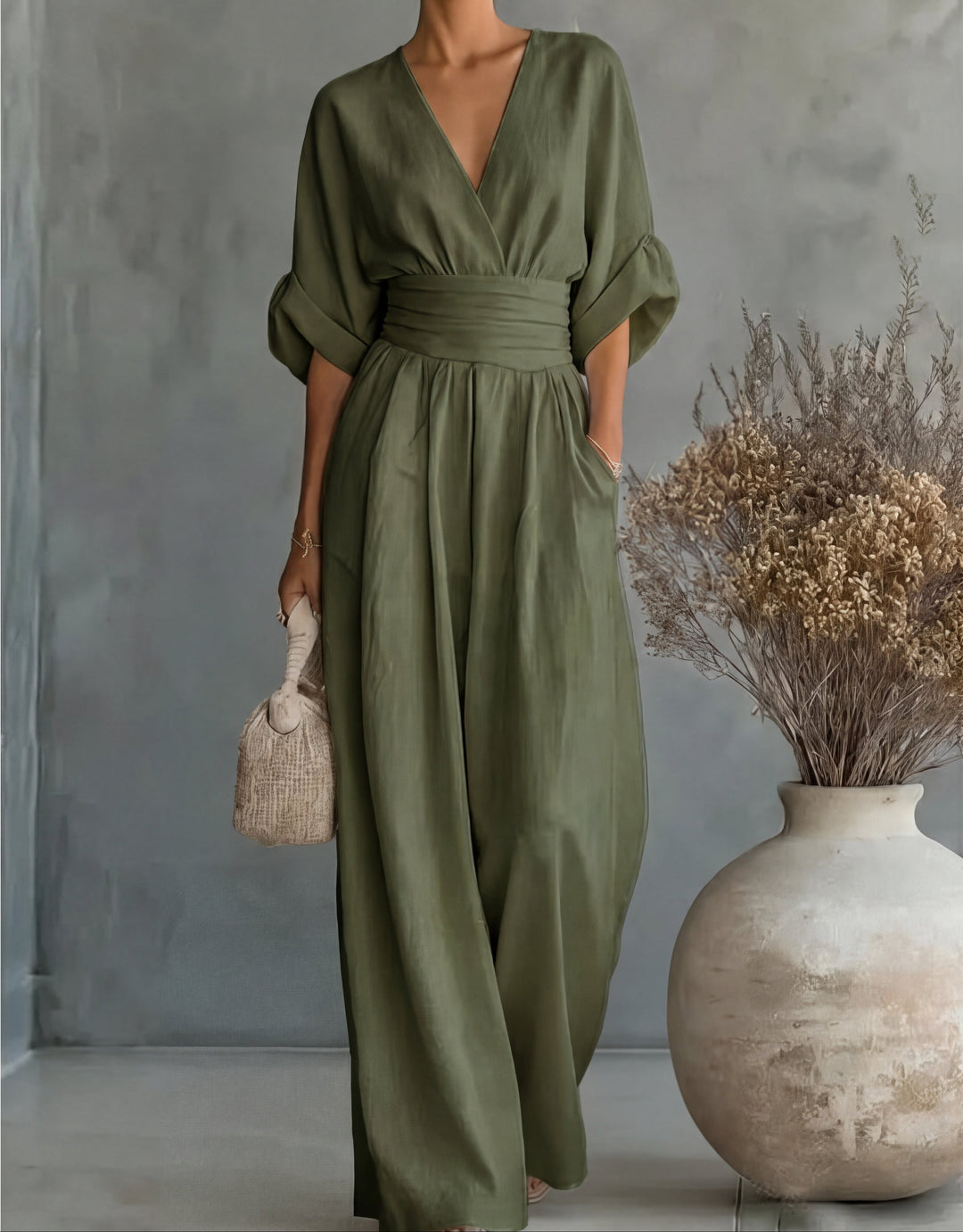 Women's V-Neck Wide-Leg Jumpsuit in green, Elegant One-Piece
