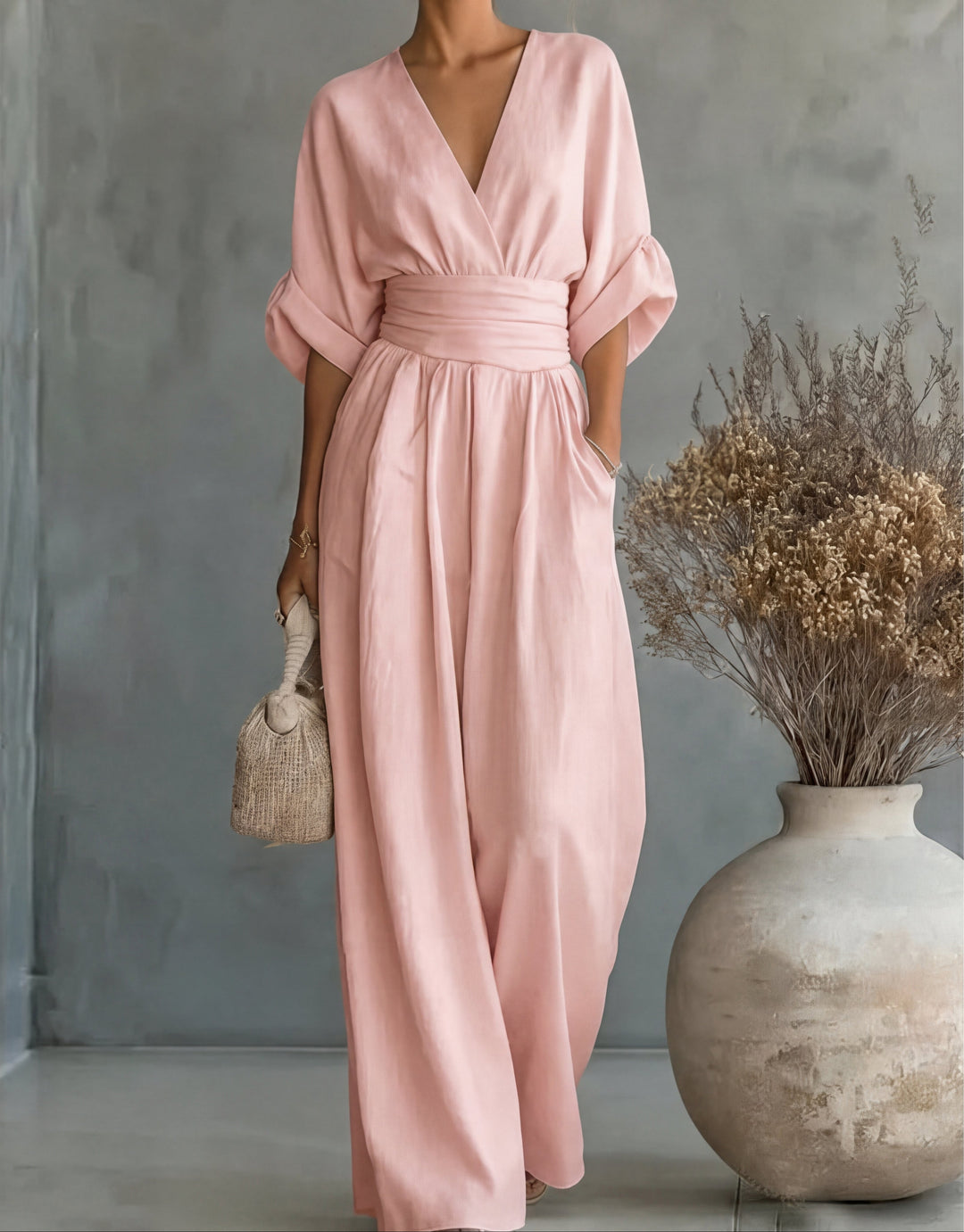 Women's V-Neck Wide-Leg Jumpsuit in light pink, Elegant One-Piece