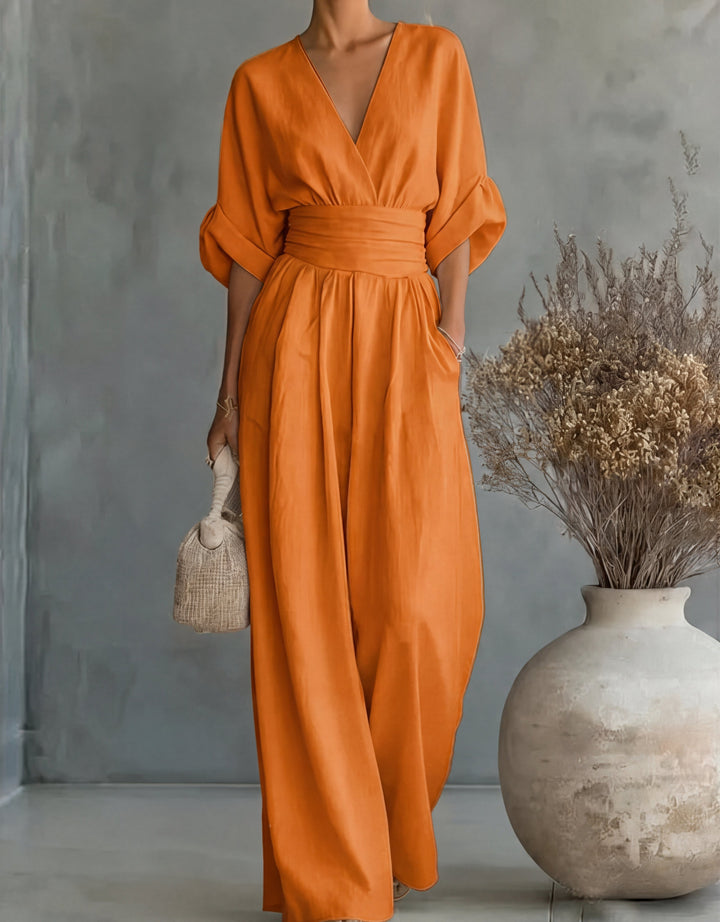 Women's V-Neck Wide-Leg Jumpsuit in orange, Elegant One-Piece