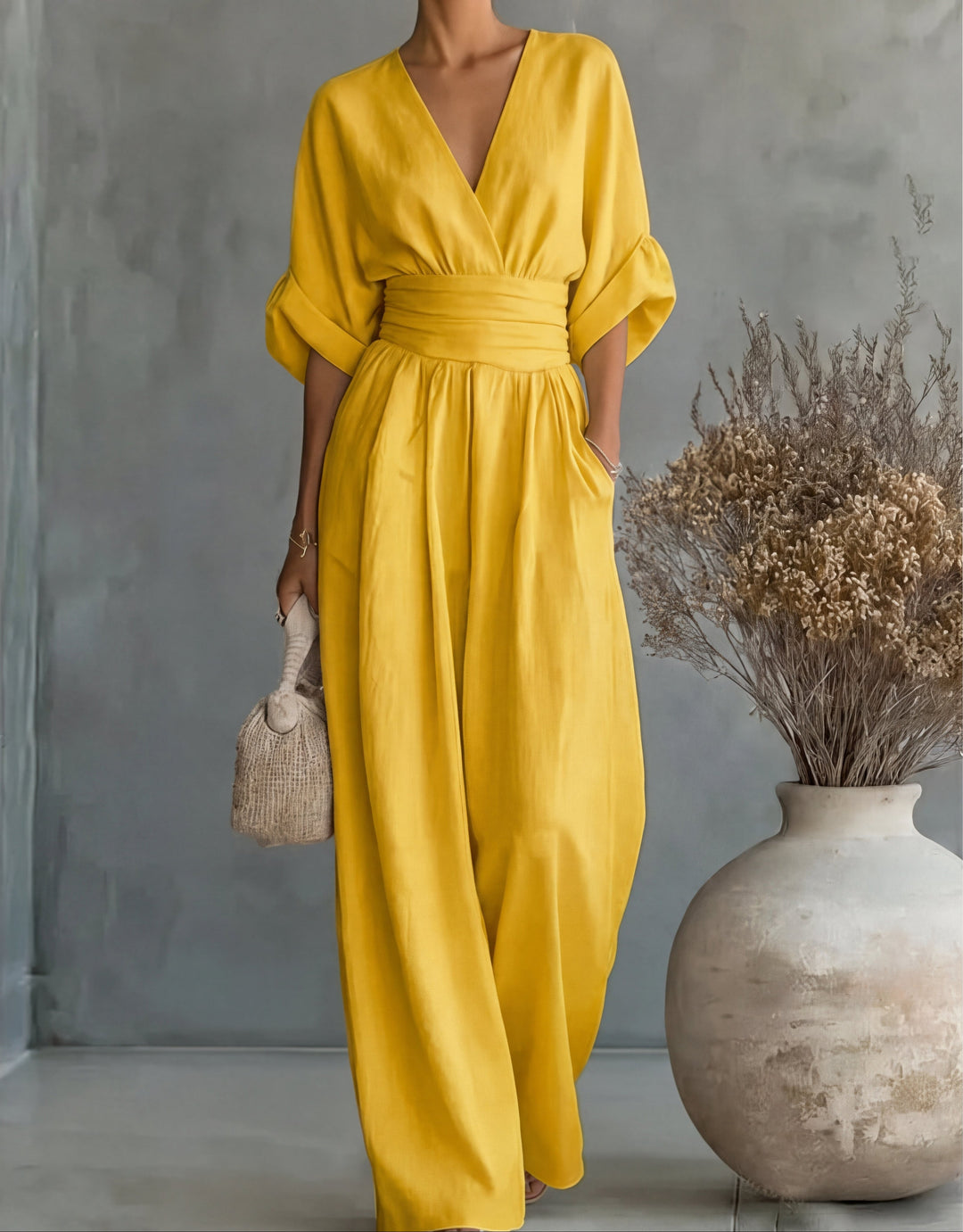 Women's V-Neck Wide-Leg Jumpsuit in yellow, Elegant One-Piece