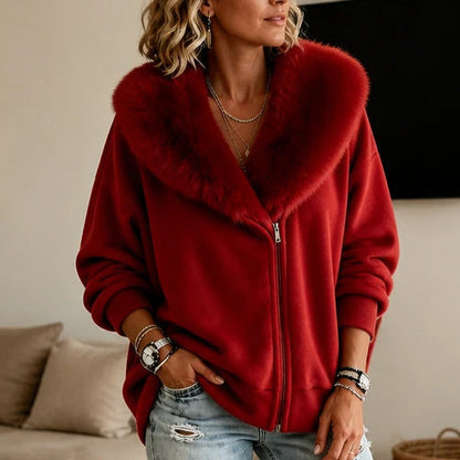 Women's Velvet Faux-Fur Collar Zip-Up Jacket in red, Relaxed Fit