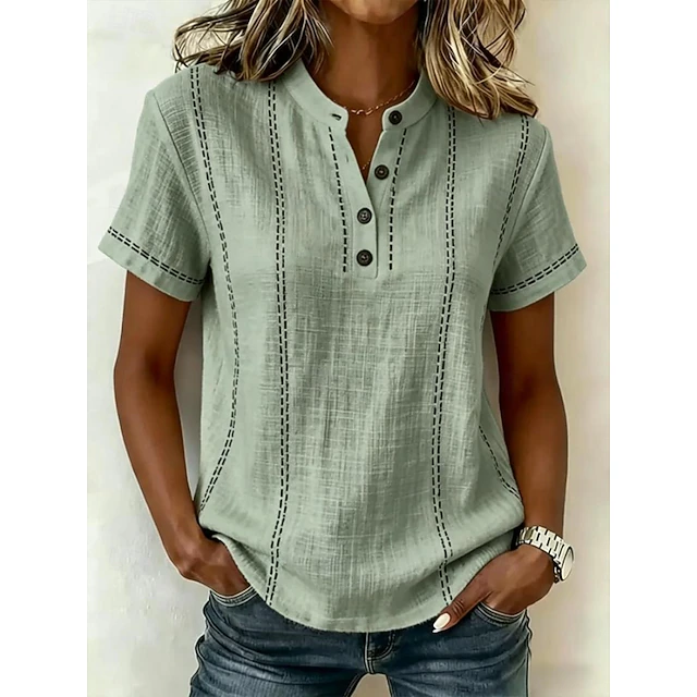 Women's Vintage Striped Short-Sleeve Blouse in green, Relaxed Fit