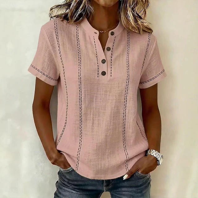 Women's Vintage Striped Short-Sleeve Blouse in pink, Relaxed Fit