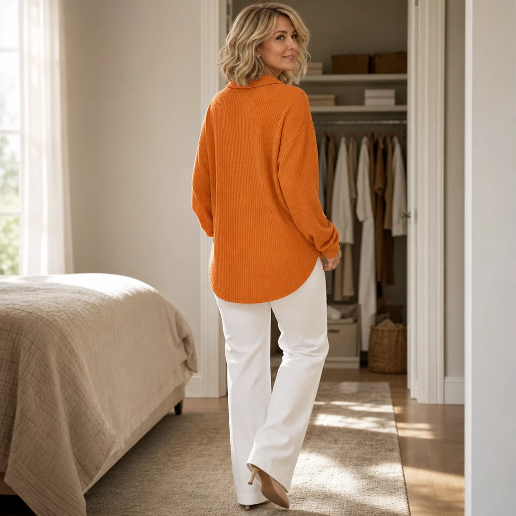 Women's Waffle-Textured V-Neck Long-Sleeve Blouse