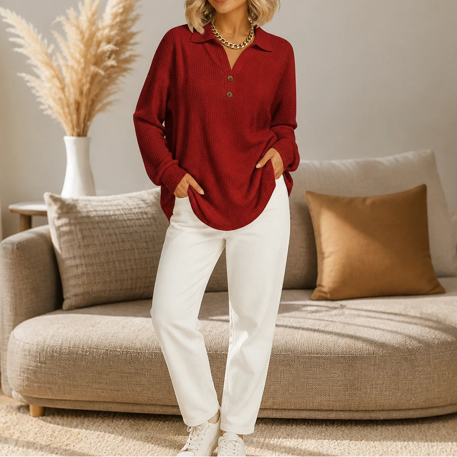 Women's Waffle-Textured V-Neck Long-Sleeve Blouse - Red