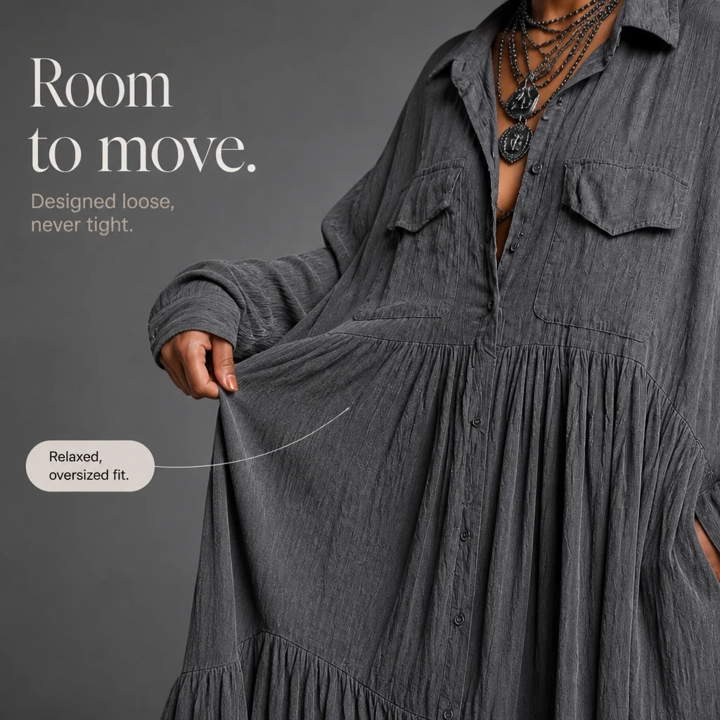 Women's Washed Ruffle Shirt Dress - Oversized Maxi with Pockets