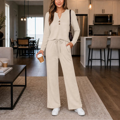 Women's Wide-Leg Lounge Set in beige, Coordinated Top and Pants
