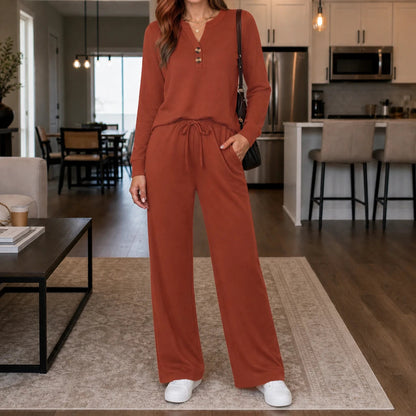 Women's Wide-Leg Lounge Set in rust, Coordinated Top and Pants