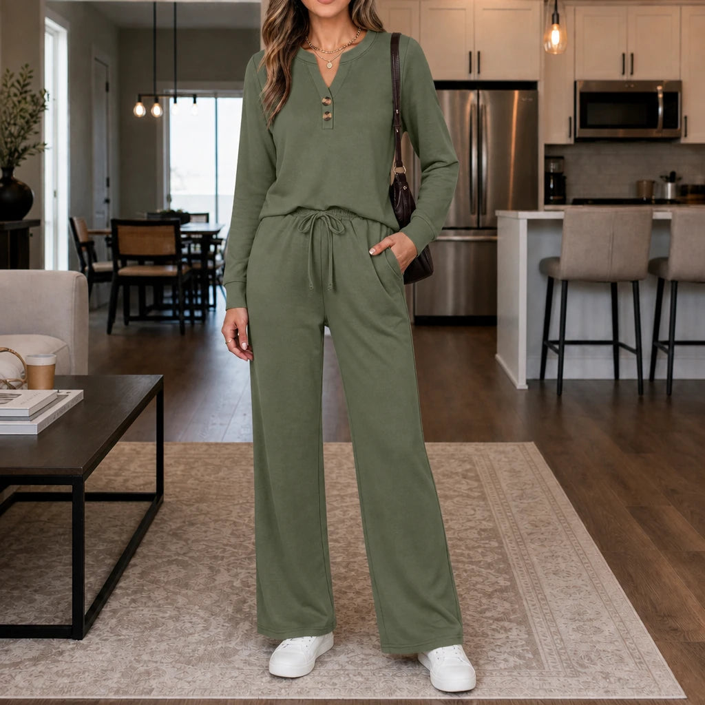 Women's Wide-Leg Lounge Set in sage green, Coordinated Top and Pants