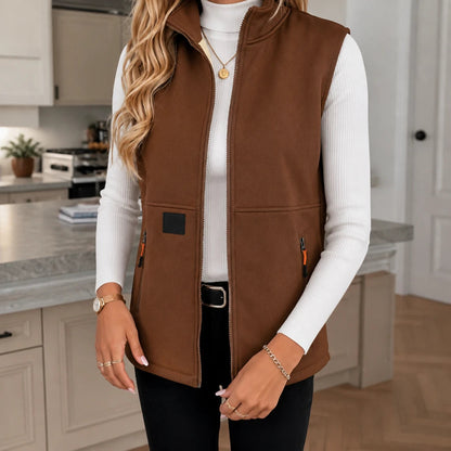 Women's Zip-Front Fleece Vest in brown, High Collar