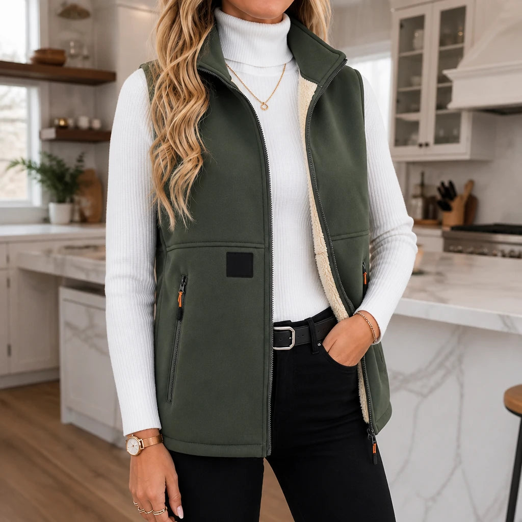 Women's Zip-Front Fleece Vest in green, High Collar