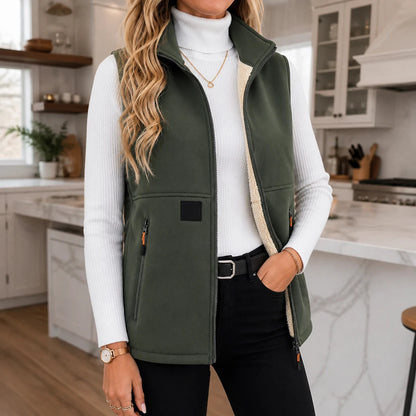 Women's Zip-Front Fleece Vest in green, High Collar